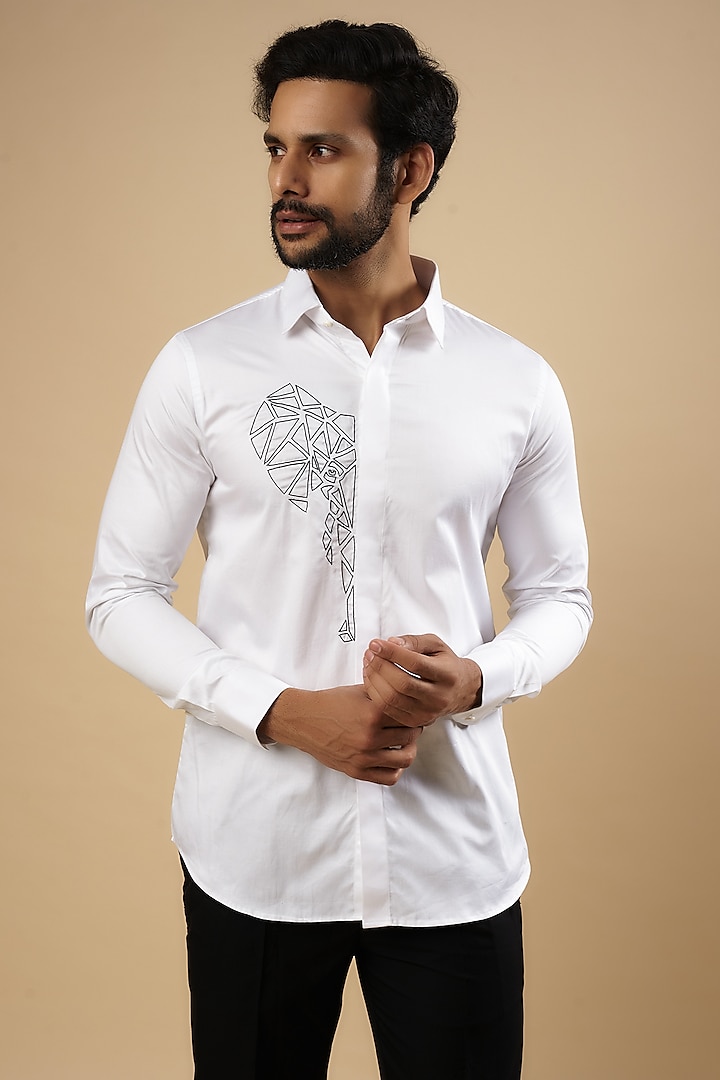 White Cotton Thread Embroidered Shirt by Aces by Arjun Agarwal