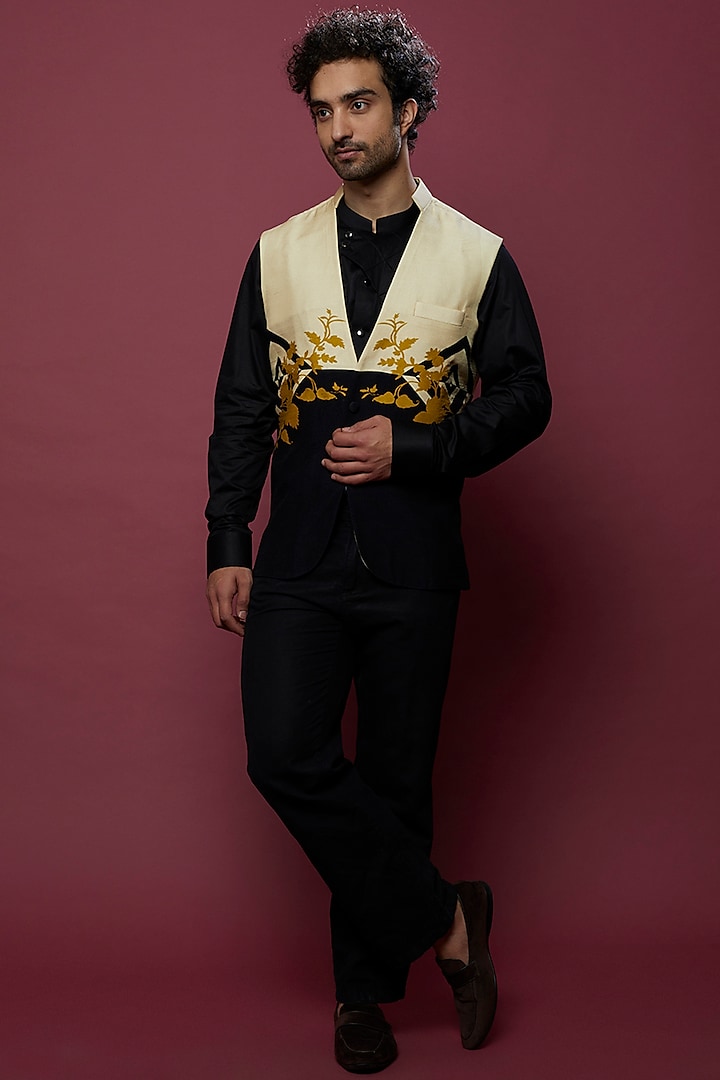 Black Silk Shirt With Nehru Jacket by Aces by Arjun Agarwal at Pernia's Pop Up Shop