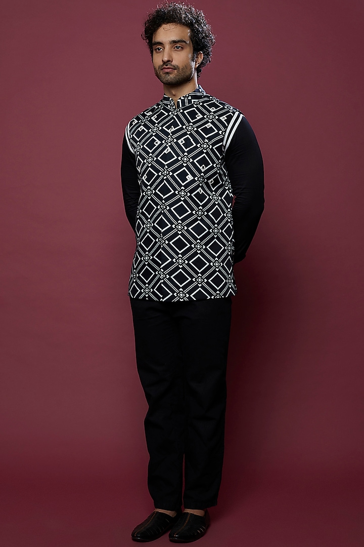 Black Embroidered Nehru Jacket With Shirt by Aces by Arjun Agarwal