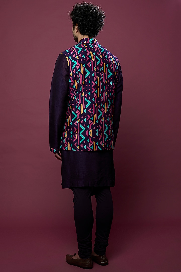 Purple Asymmetric Kurta Set With Nehru Jacket by Aces by Arjun Agarwal at Pernia's Pop Up Shop