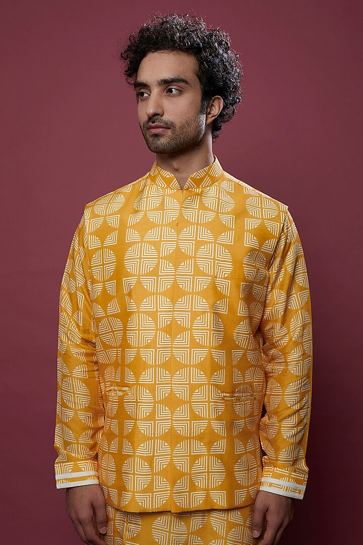 Yellow Printed Kurta Set With Nehru Jacket by Aces by Arjun Agarwal at Pernia's Pop Up Shop
