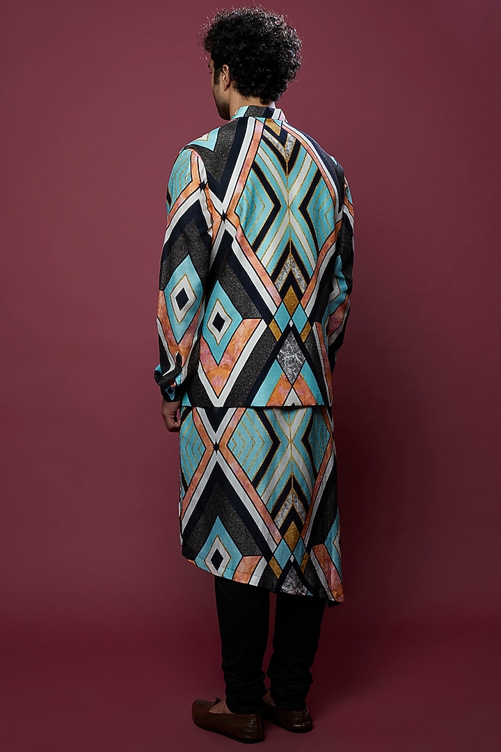 Multi-Colored Printed Kurta Set With Nehru Jacket by Aces by Arjun Agarwal at Pernia's Pop Up Shop