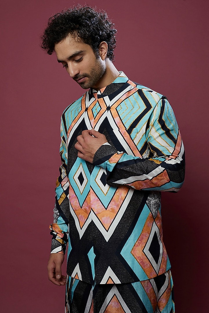 Multi-Colored Printed Kurta Set With Nehru Jacket by Aces by Arjun Agarwal at Pernia's Pop Up Shop