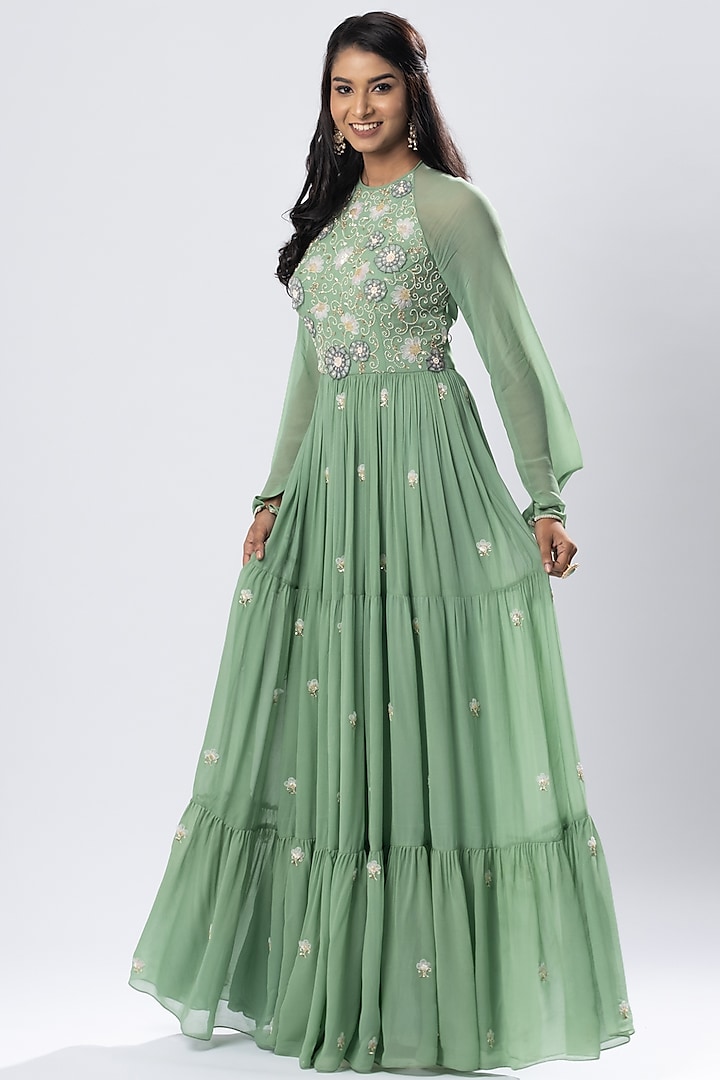 Moss Green Embroidered Maxi Dress by Arakne