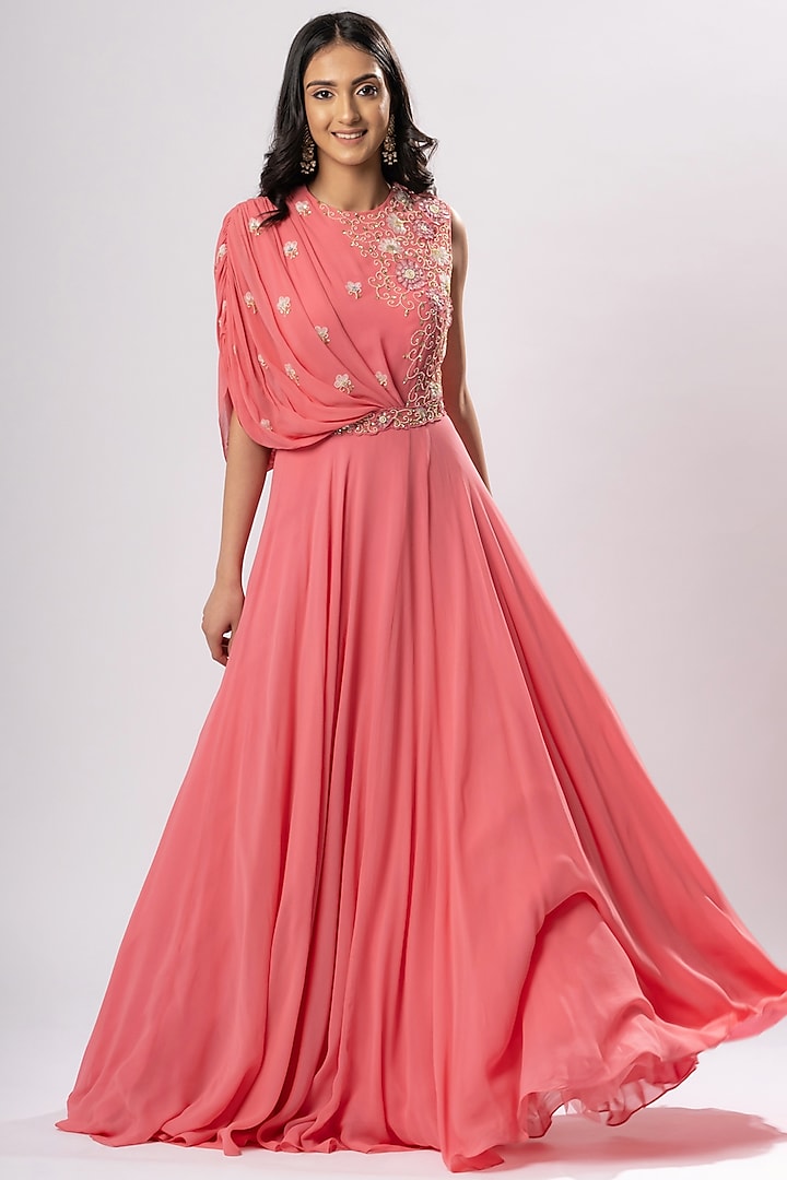 Coral Pink Embroidered Draped Maxi Dress by Arakne