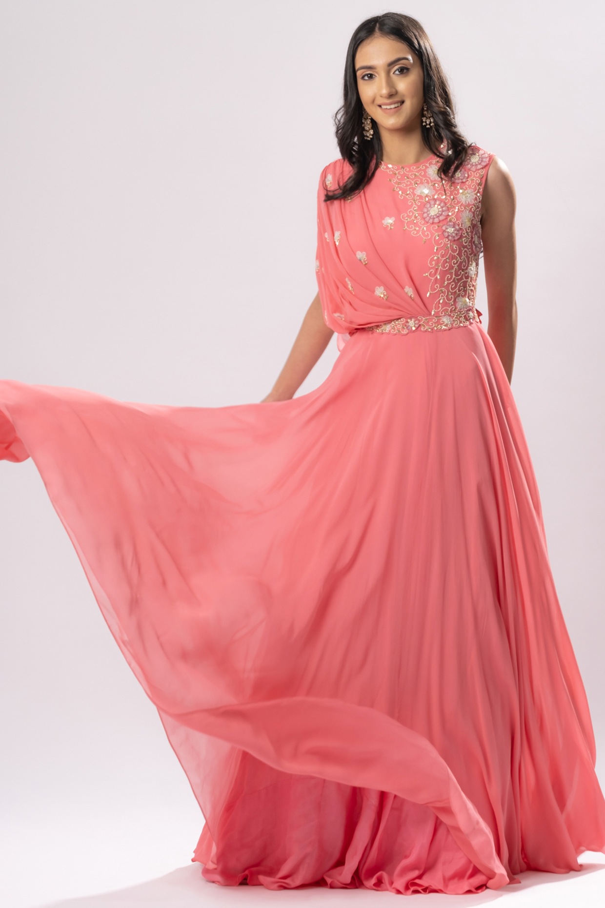 Coral Pink Embroidered Draped Maxi 