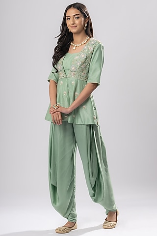 Moss Green Embroidered Jacket Set by Arakne