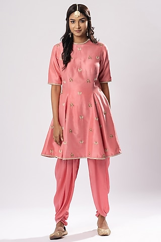 Coral Pink Bamboo Satin Dhoti Set by Arakne