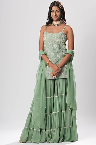 Moss Green Embroidered Sharara Set by Arakne