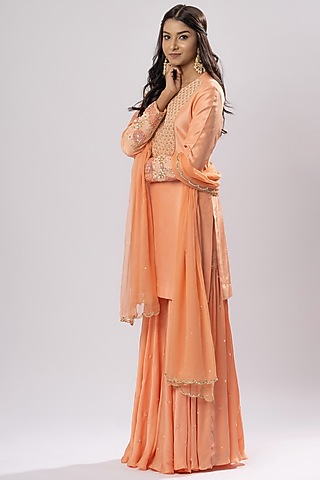 Salmon Peach Embroidered Sharara Set by Arakne