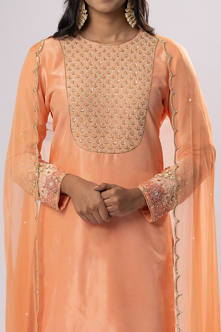 Salmon Peach Embroidered Party Wear Sharara Set by Arakne at Pernia's Pop Up Shop