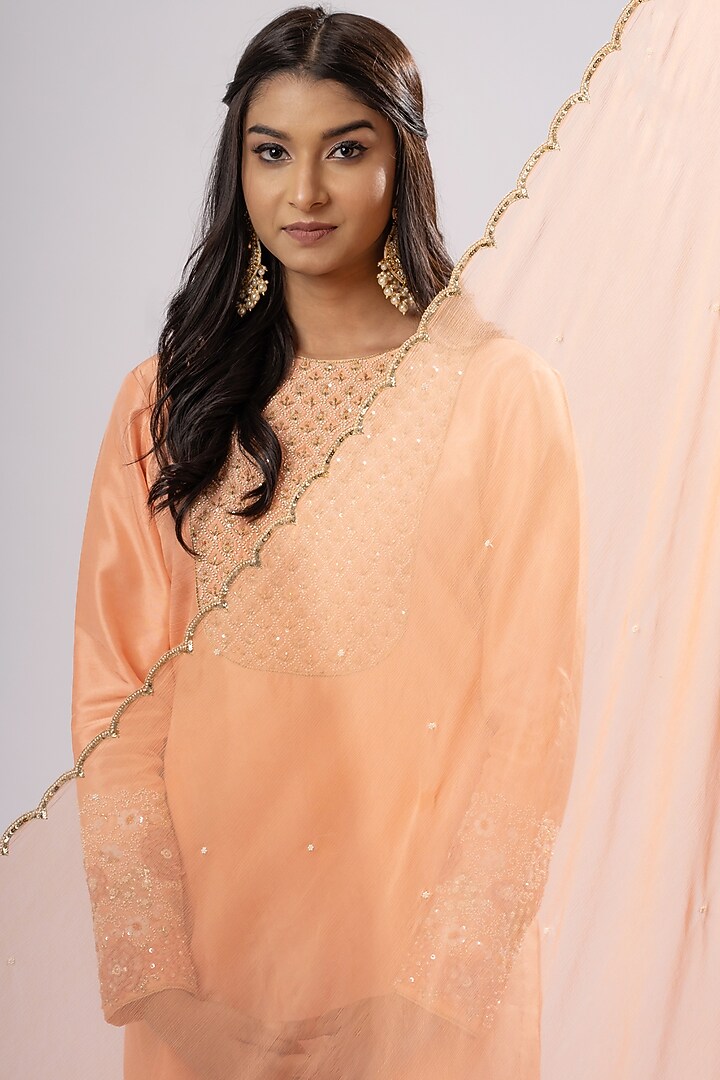 Salmon Peach Embroidered Party Wear Sharara Set by Arakne at Pernia's Pop Up Shop