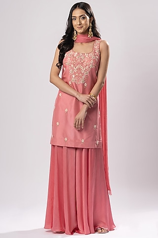 Coral Pink Flared Sharara Set by Arakne
