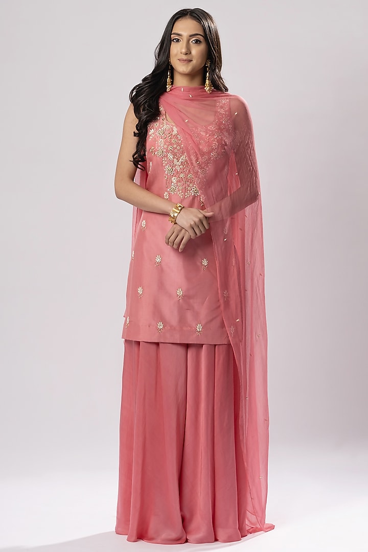 Coral Pink Flared Party Wear Sharara Set by Arakne at Pernia's Pop Up Shop