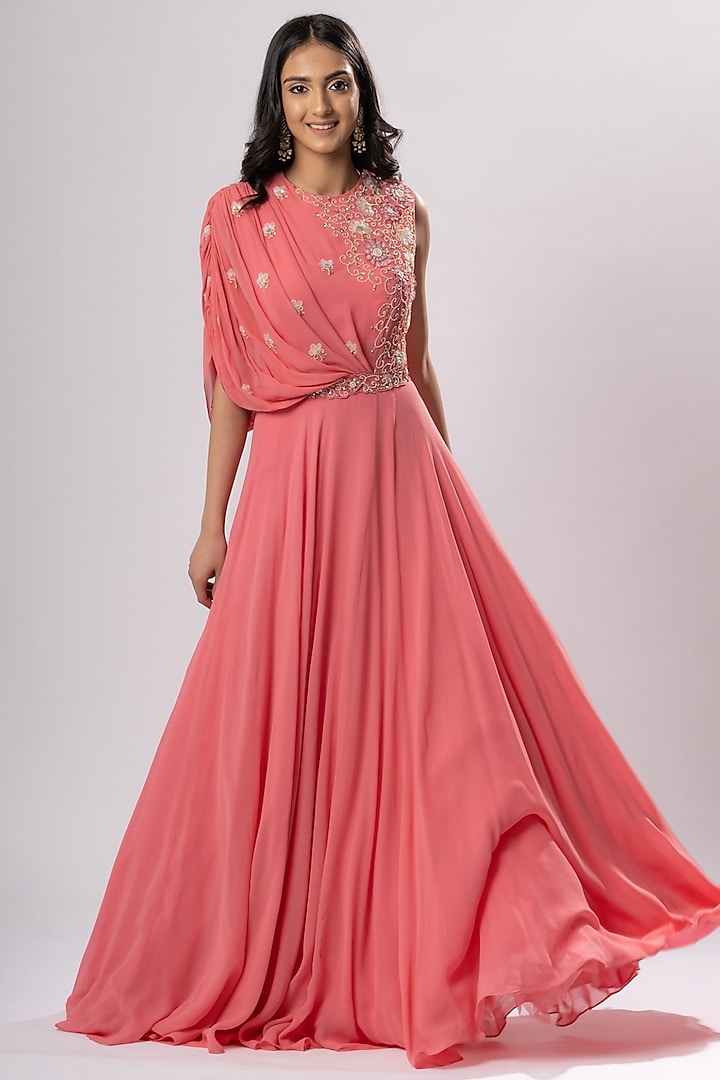 Coral Pink Embroidered Maxi Dress by Arakne