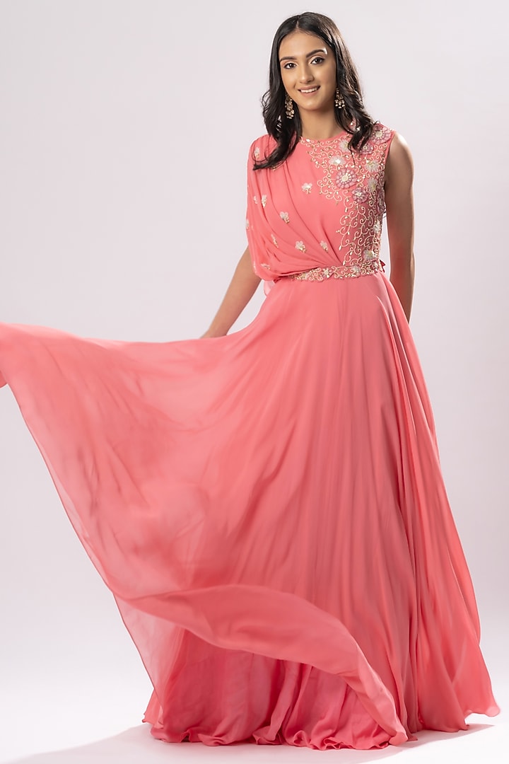 Coral Pink Embroidered Maxi Dress Design by Arakne at Pernia's Pop Up Shop  2026