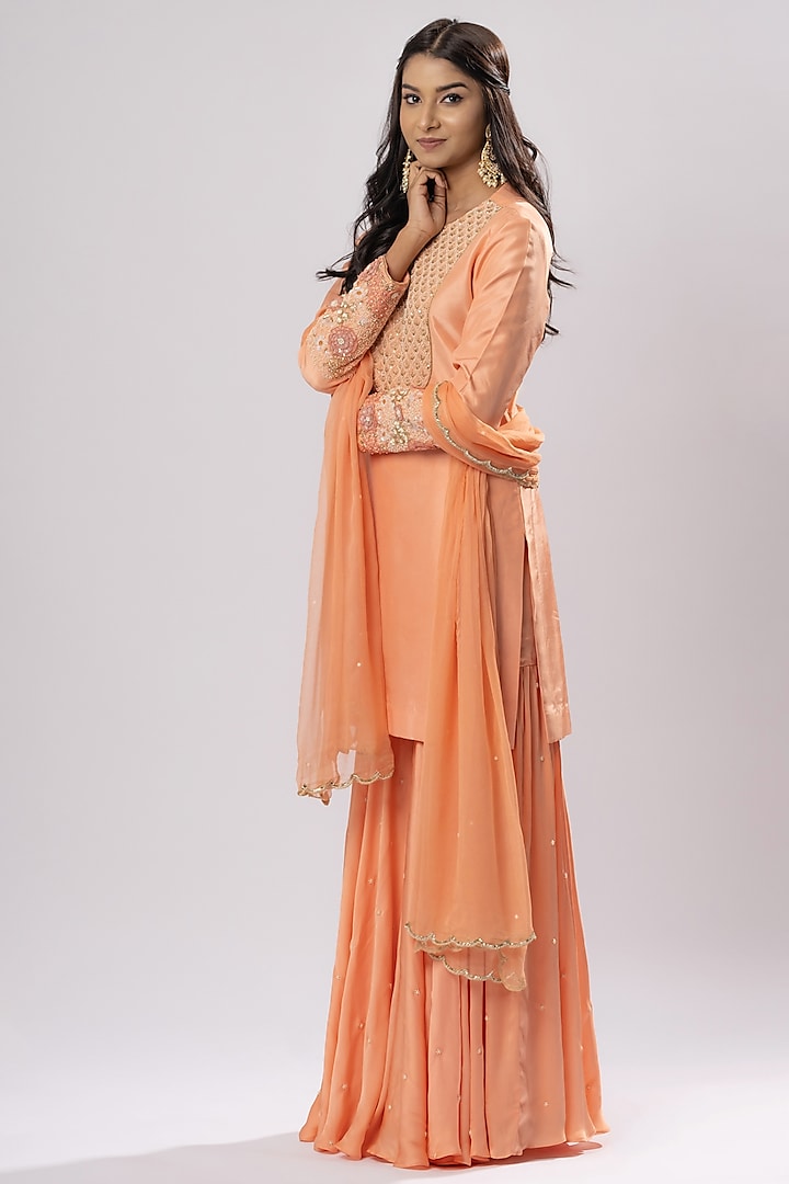 Salmon Peach Uppada Silk Sharara Set by Arakne at Pernia's Pop Up Shop