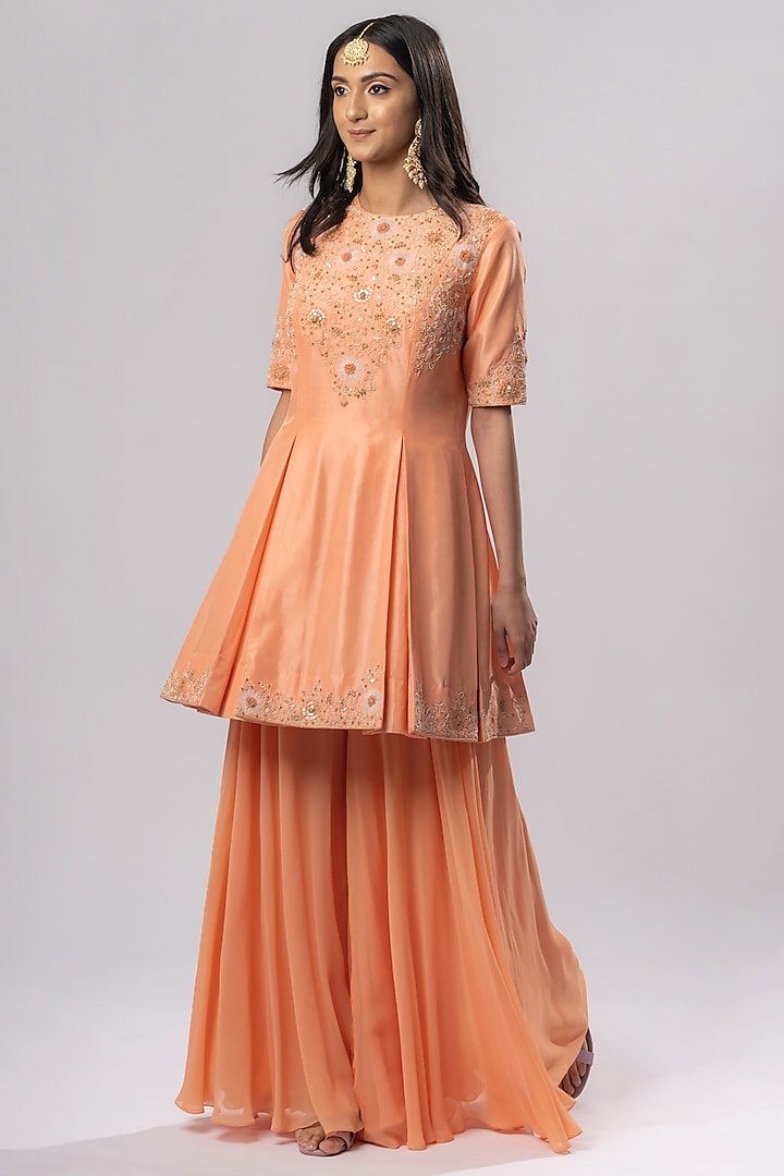 Salmon Peach Bamboo Satin Sharara Set by Arakne at Pernia's Pop Up Shop