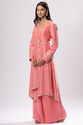 Coral Pink Embroidered Jacket Set by Arakne