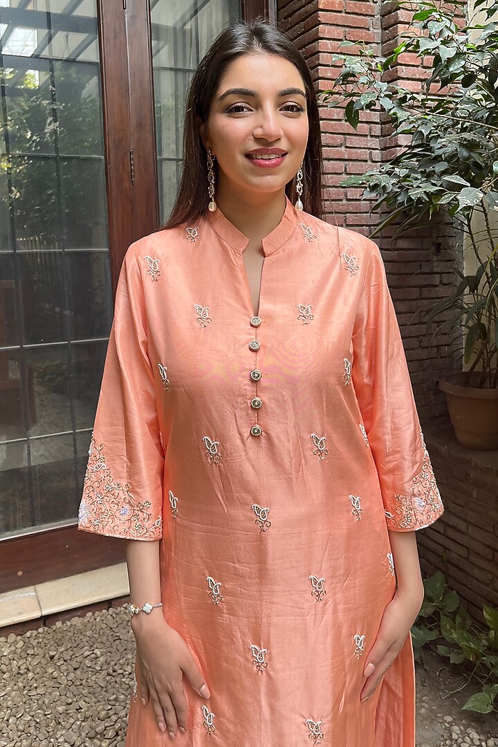 Salmon Peach Embroidered Kurta Set by Arakne at Pernia's Pop Up Shop