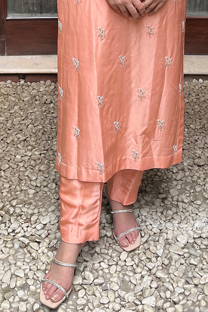 Salmon Peach Embroidered Kurta Set by Arakne at Pernia's Pop Up Shop