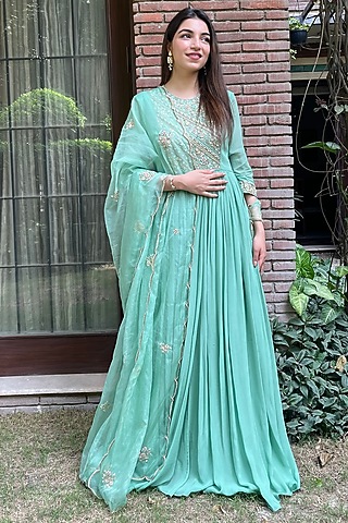 Moss Green Embroidered Anarkali Set by Arakne