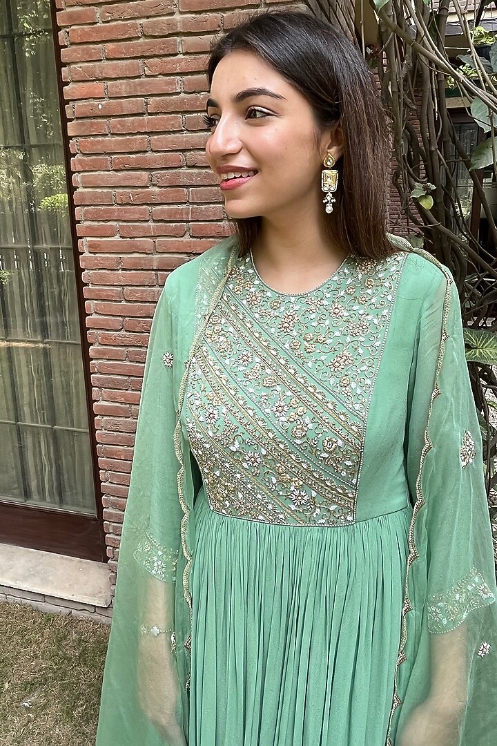 Moss Green Embroidered Party Wear Anarkali Set by Arakne at Pernia's Pop Up Shop