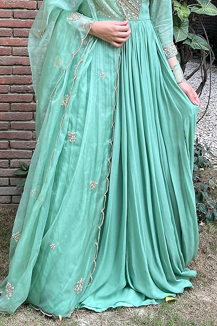Moss Green Embroidered Party Wear Anarkali Set by Arakne at Pernia's Pop Up Shop