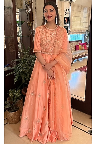 Salmon Peach Embroidered Anarkali Set by Arakne