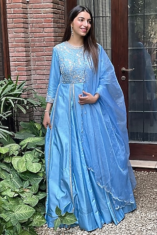 Powder Blue Embroidered Anarkali Set by Arakne