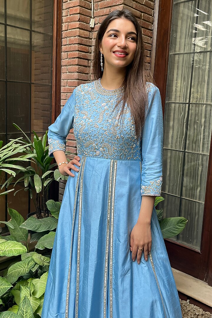 Powder Blue Embroidered Wedding Anarkali Set by Arakne at Pernia's Pop Up Shop