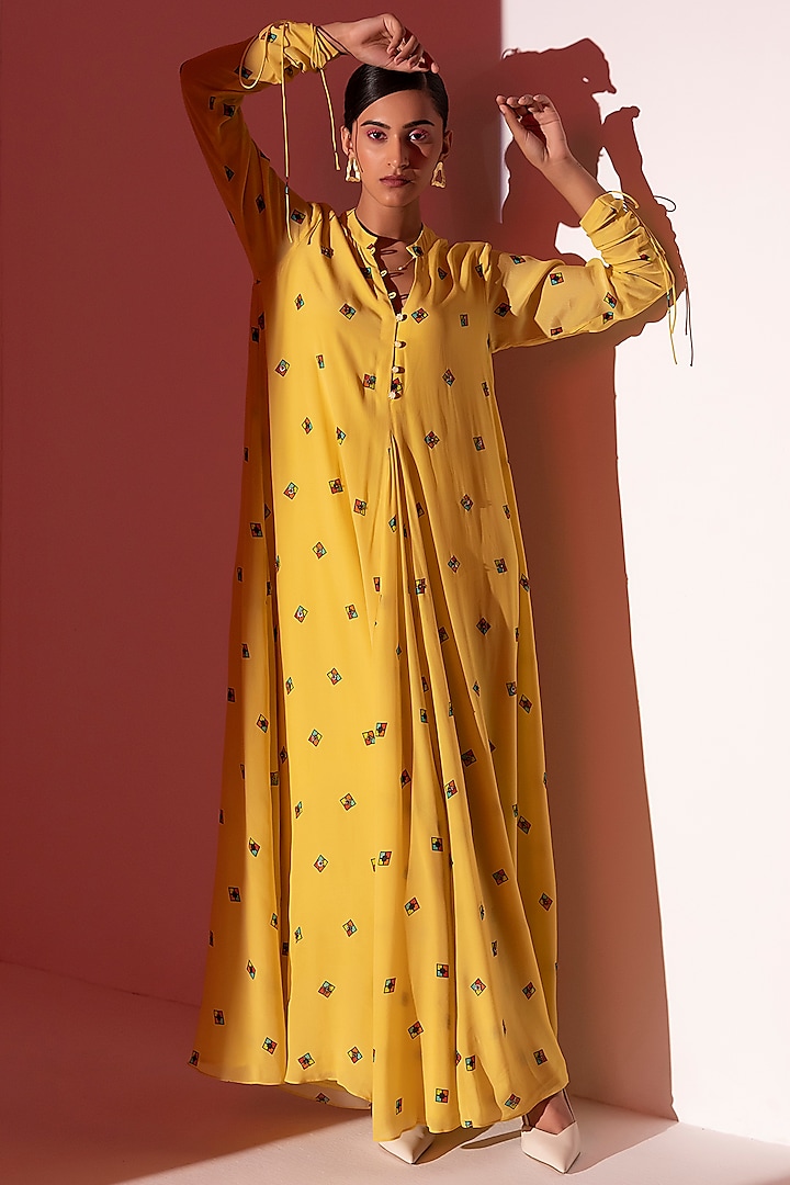 Yellow Crepe Printed Maxi Dress by Arakne