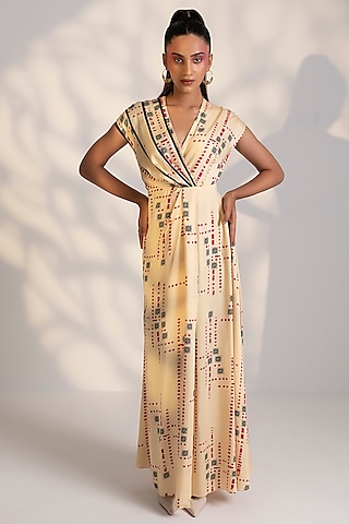 Light Yellow Printed Slit Dress by Arakne