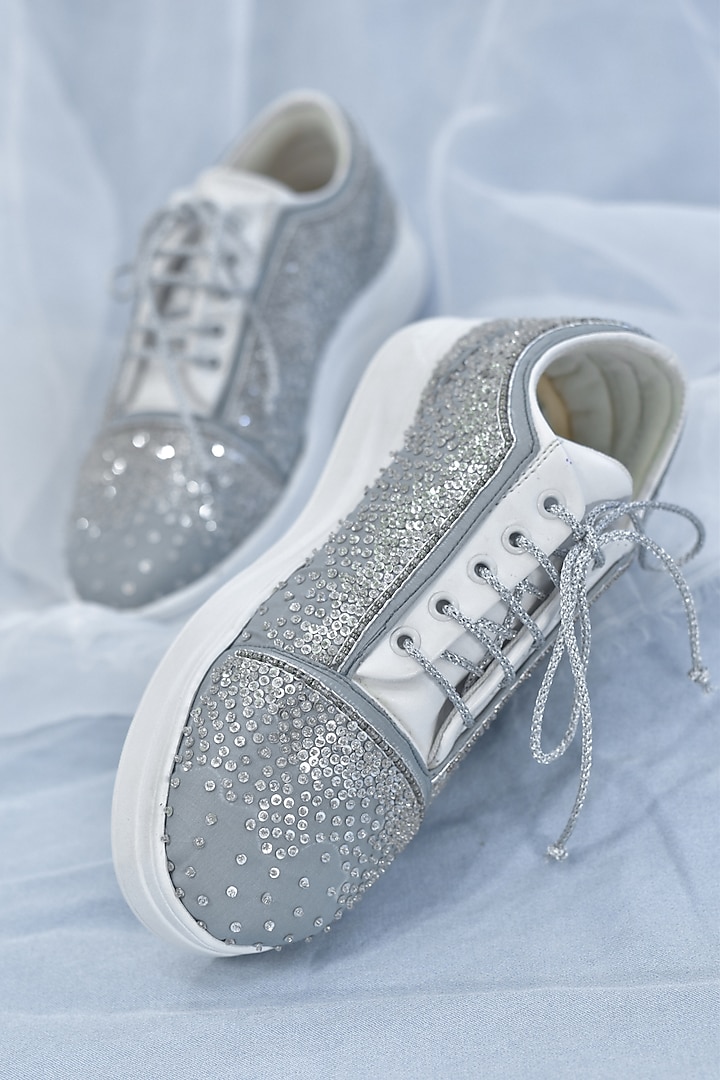 Silver Shimmer Poly Silk Sequins & Bead Work Sneakers by Around Always