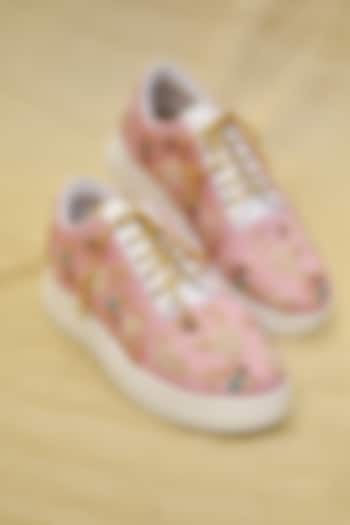 Pink Poly Silk Thread Work Floral Sneakers by Around Always