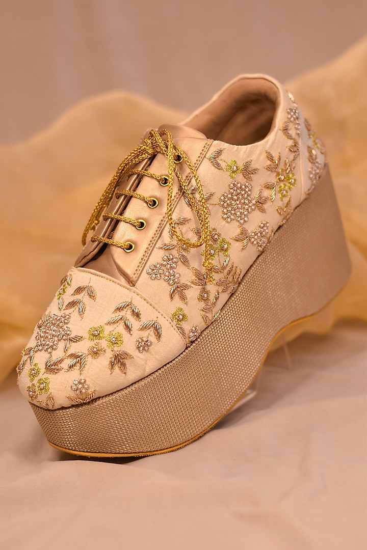 Pink Poly Silk Embroidered Floral Sneaker Wedges by Around Always