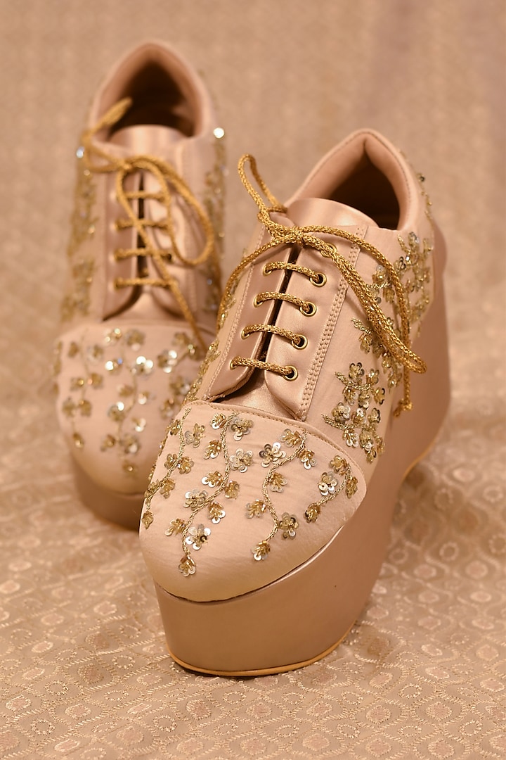 Muddy Golden Poly Silk Embroidered Sneakers by Around Always