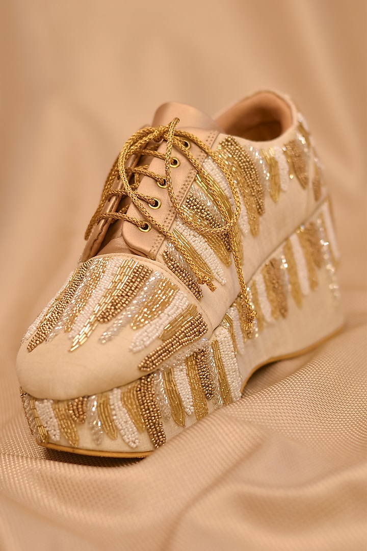 Gold Poly Silk Beaded Work Sneaker Wedges by Around Always