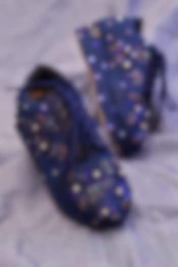Midnight Blue Poly Silk Metallic Sequins Embroidered Sneaker Wedges by Around Always