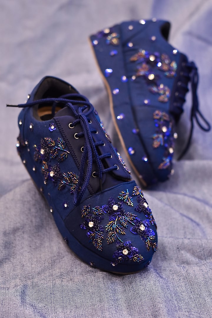 Midnight Blue Poly Silk Metallic Sequins Embroidered Sneaker Wedges by Around Always