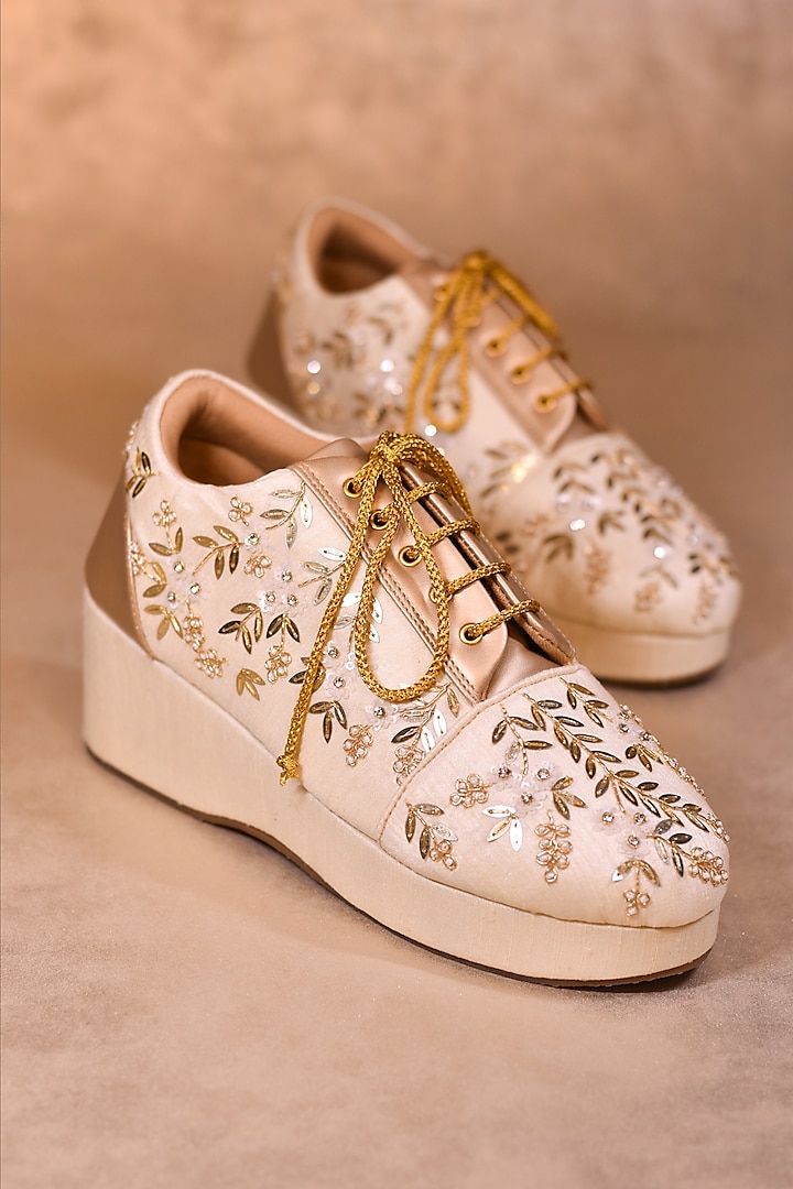 Gold Poly Silk Hand Embroidered Sneakers by Around Always