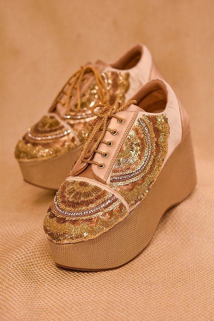 Gold Poly Silk Sequins Embellished Sneaker Wedges by Around Always