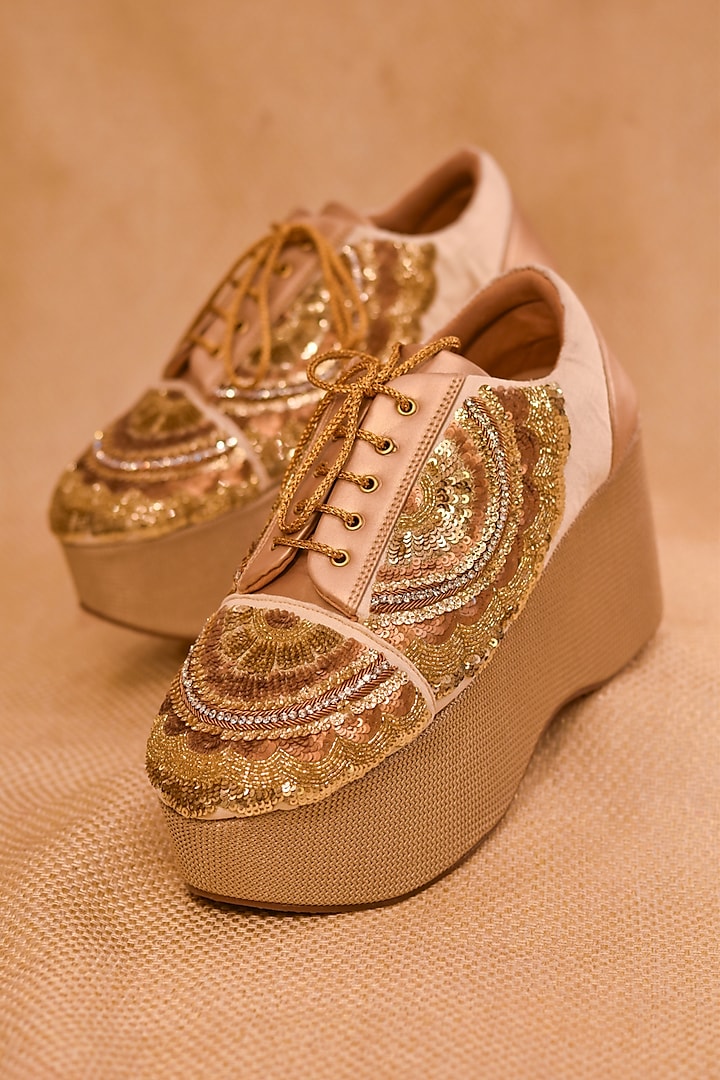 Gold Poly Silk Sequins Embellished Sneaker Wedges by Around Always at Pernia's Pop Up Shop