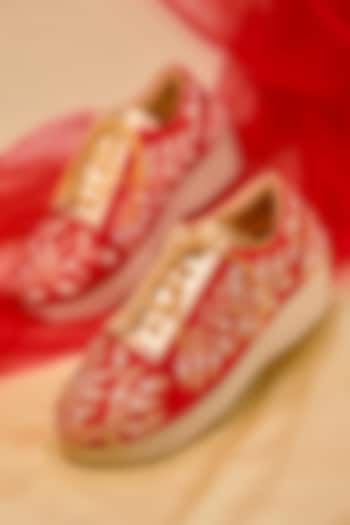 Red & Golden Poly Silk Embroidered Sneaker Wedges by Around Always