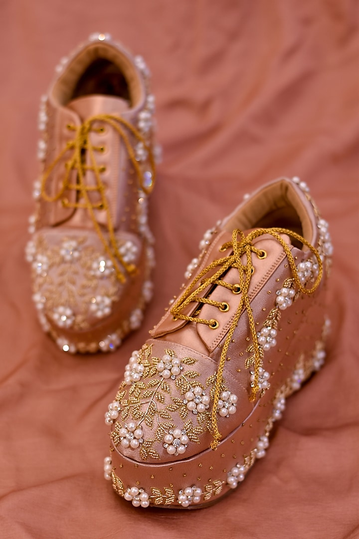 Rose Gold Satin Pearl & Bead Embroidered Sneaker Wedges by Around Always