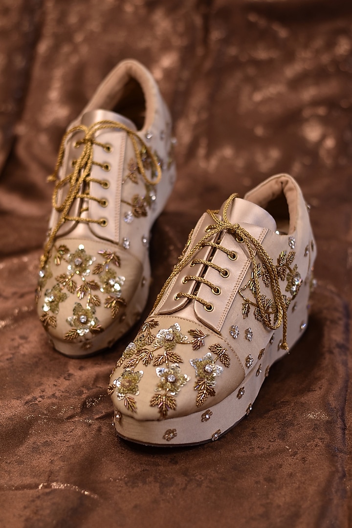 Gold Poly Silk Hand Embroidered Sneaker Wedges by Around Always