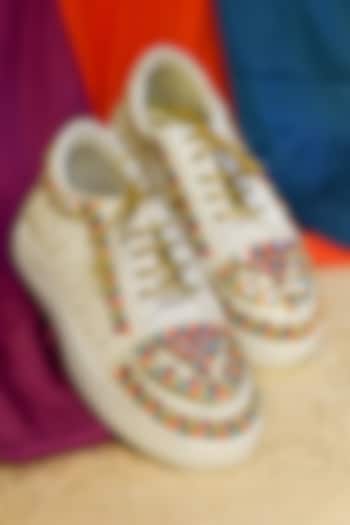 Multi-Colored Poly Silk & Rexine Hand Embroidered Sneakers by Around Always at Pernia's Pop Up Shop