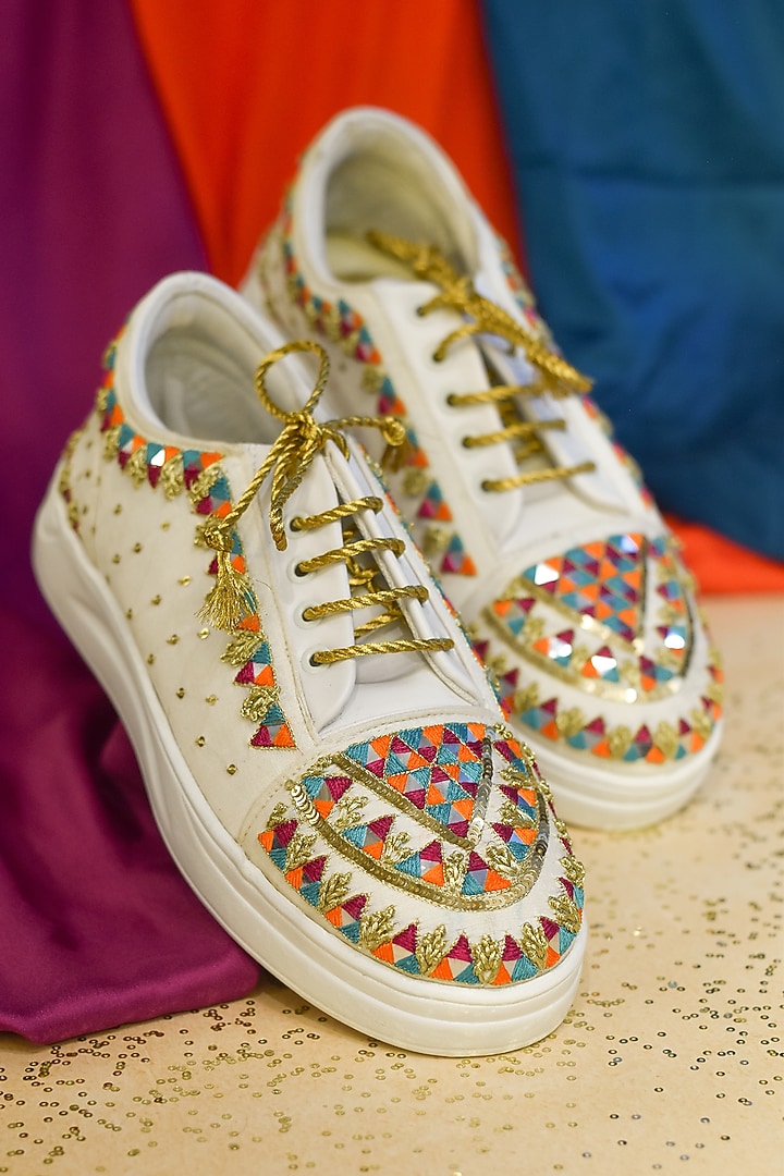Multi-Colored Poly Silk & Rexine Hand Embroidered Sneakers by Around Always at Pernia's Pop Up Shop