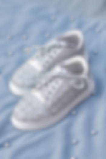 Silver Poly Silk & Rexine Embroidered Sneakers by Around Always at Pernia's Pop Up Shop
