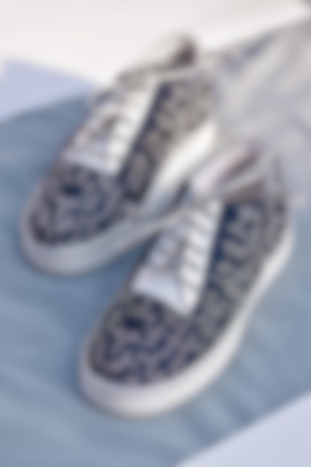 Navy Blue Poly Silk & Rexine Embroidered Sneakers by Around Always at Pernia's Pop Up Shop